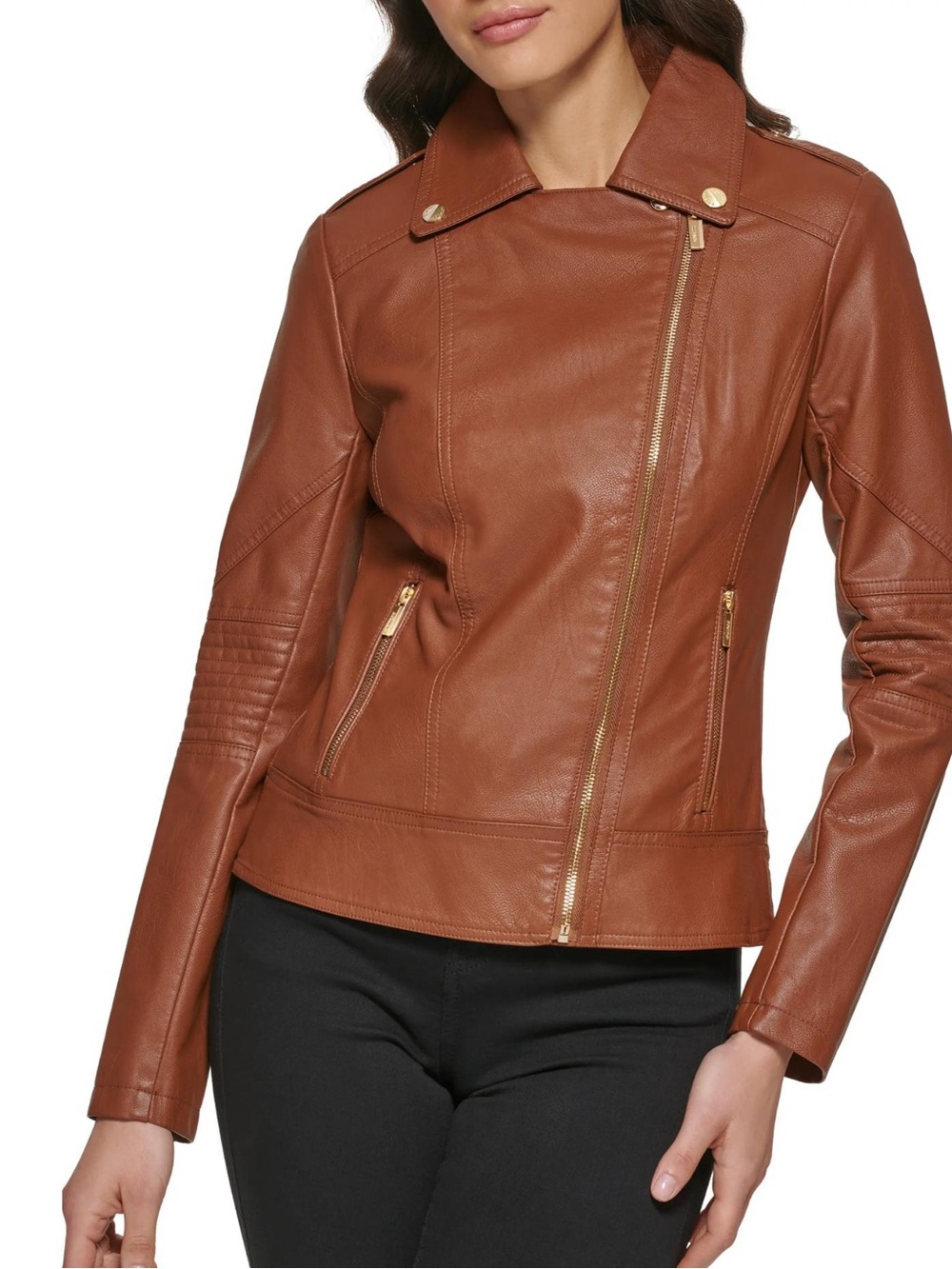 Dex brown faux leather motorcycle jacket with gold-colored zippers